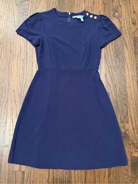 Draper James Navy Short-Sleeve Fit & Flare Dress with Gold Buttons